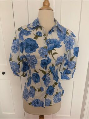 Zara Blue Floral Puff-Sleeve Women's Button-Up Top